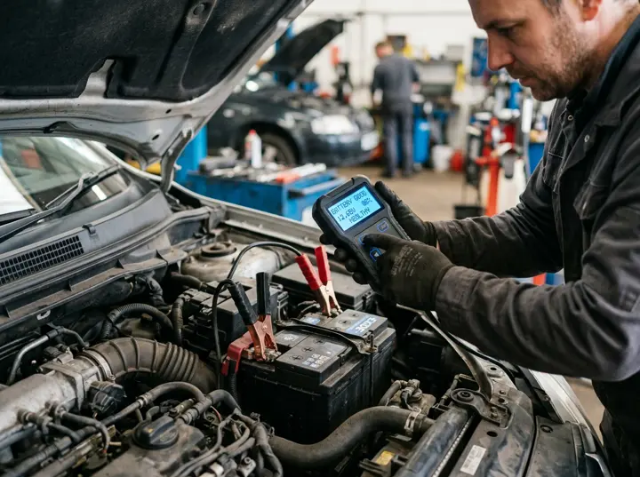 Mechanic checking a car battery with a digital battery tester connected to the terminals