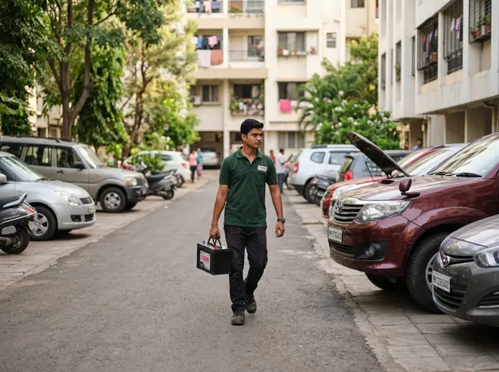 Battery technician carrying a new car battery through a residential society parking area for doorstep battery replacement